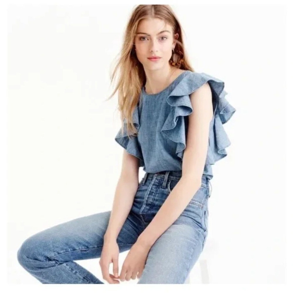 J. Crew Blue Cotton Ruffle Sleeveless Top | American Classic‎ Preppy | Size 0